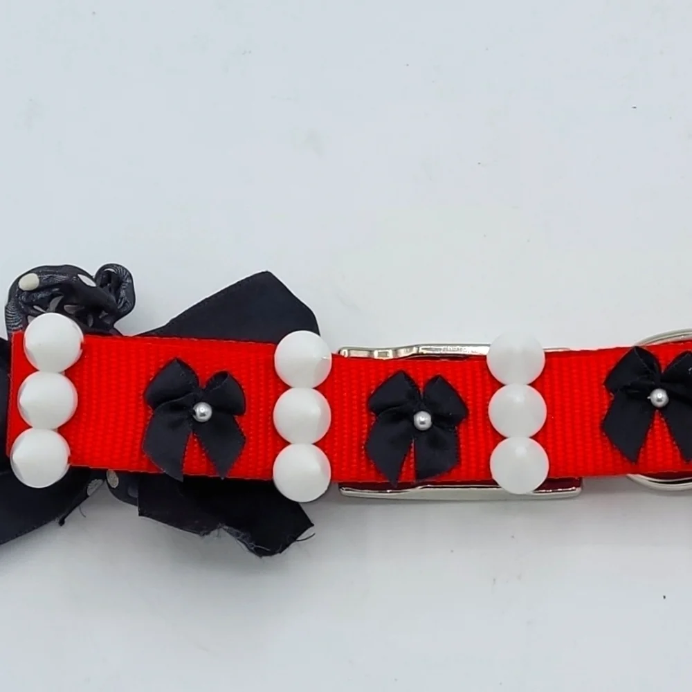Dog Collar Black Red White Bow Pearls and Spikes